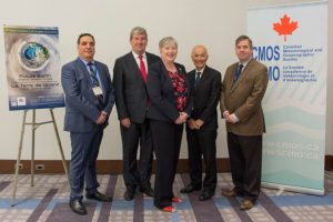 Photograph of five people taken at the opening ceremonies of the 51st annual CMOS congress. From let are Mr. Ron Bianhi, Minister Glen Murray, Ms. Bernadette Jordan, Prof. Roger Wakimoto and Mr. Martin Taillefer