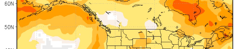 Image shows a section of a map of southern Canada, from west to east, coloured with various shades of grey, white, yellow, orange and red. The colours indicate the forecasted temperature for autumn 2017 in Canada, with the predominance of warmer colours indicating a strong probability that in most areas temperatures will be above normal.