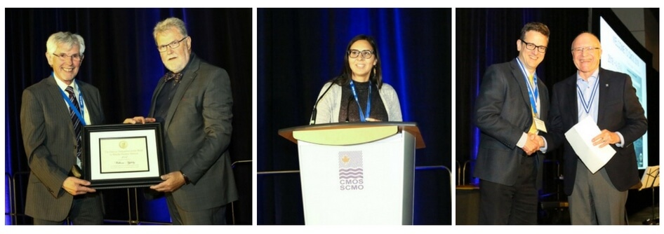 Three photos from the 2018 CMOS congress in Halifax. The first shows one man receiving an award from another. The second a woman at a podium. The third two men, smiling and shaking hands.