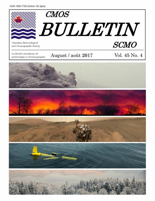 Cover shows five different images. Top is a close up of an Oyster Toad Fish, showing only the protruding eyes. Second from top is a firey skyline, full of billowing clouds. Middle image is a shot of the curiosity rover on the barren sandy landscape of Mars. Fourth is a yellow "glider", a piece of equipment shaped much like a plane, sitting just at the water's surface. Bottom image is a very snowy treeline, with snowy mountains in the distance.