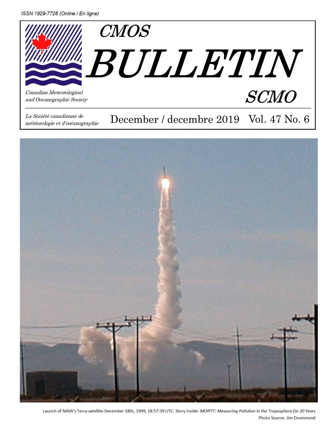 Cover of CMOS Bulletin Vol.47 No.6 shows the MOPITT Instrument onboard the Terra Satellite launching in to space