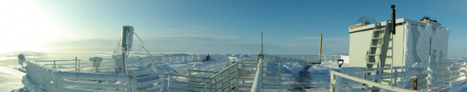A panorama of the roof deck of the Ridge Laboratory taken late in the summer showing the air intake for the atmospheric sampler left of centre and the “penthouse” housing many upper atmosphere sounders on the right. (Photo credit: Pierre Fogal)