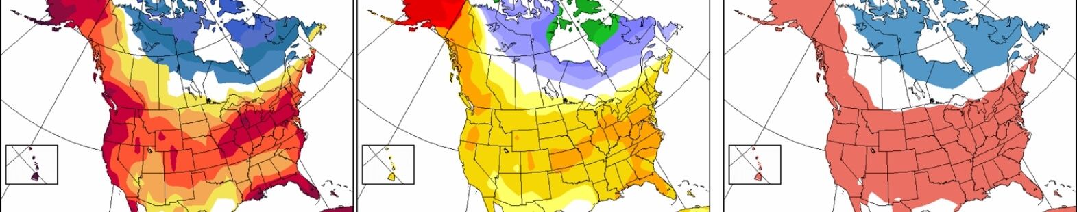 banner image showing 3 maps of a seasonal forecast for north america based on CanSIPS and CFSv2 combined forecasts.