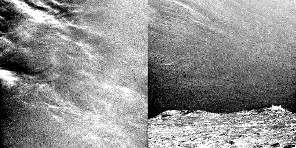 Two images representing a single frame of the different atmospheric movies taken by Curiosity. In both images, wispy cirrus-like clouds are present that could be at high altitudes due to the similar behaviour of cirrus clouds here on Earth.  