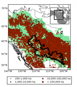 Map of western Canada (from 50 to 70 deg N and 100 to 140 deg W) with dots to indicate the relative size of large fires occurring between 1980-2014. There are distinct bands in central BC, and in a diagonal line from Manitoba up to the Yukon.