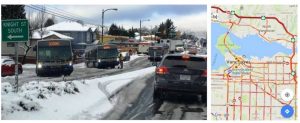 Photo shows cars and buses at a snowy standstill. Google map of Feb 3 2017 shows orange and red lines where traffic across Vancouver has stopped moving.