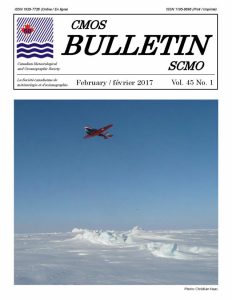 Cover of the CMOS Bulletin SCMO Vol. 45 No. 1, February 2017. Photograph shows a DC3-T Basler BT67 aircraft carrying out electromagnetic (EM) ice thickness surveys in the Arctic Ocean between Canada and the North Pole. The EM sensor (“EM Bird”) can be seen 15 m above the ice, tethered 80 m below the aircraft.