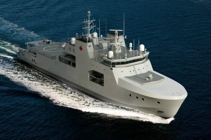 Computer generated image of a large grey ship, with a helicopter pad on the stern, travelling through water.