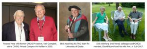 3 photos. First shows Dick Morgan (elderly caucasian male, clean shaven) with another caucasian male in his late 50's. Second photo is Dick Morgan in his 80's in his doctoral conferring gear holding on to his certificate. Third photo is Dick just after his 100th birthday with a couple in their 60's or 70's, sitting in lawn chairs in the sunshine.