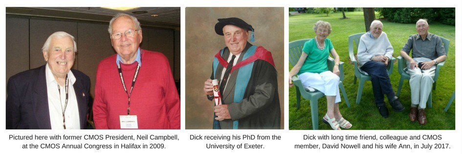 3 photos. First shows Dick Morgan (elderly caucasian male, clean shaven) with another caucasian male in his late 50's. Second photo is Dick Morgan in his 80's in his doctoral conferring gear holding on to his certificate. Third photo is Dick just after his 100th birthday with a couple in their 60's or 70's, sitting in lawn chairs in the sunshine.