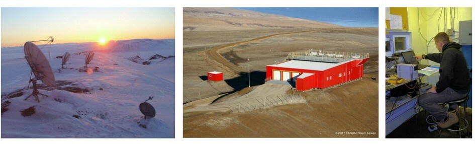 Three photos. First shows a snow covered scene, with the setting sun, and 3 satellites in the foreground. Second shows a large red shed-like building, on a barren, brown, snow-free Arctic Landscape. Third shows a man sitting at a computer workstation.