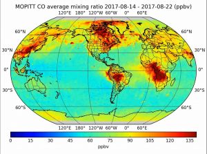 MOPITT map of carbon monoxide (CO) over the planet for 14-22 August 2017 with interpolation to fill data gaps.  The CO outflow from the summer forest fires in Western Canada covers much of Canada and there are several other centres of CO production visible. 