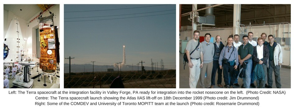 Three MOPITT images. The first is inside a NASA laboratory, men clad in white clean wear, with the large metallic gold Terra. The second is a view taken from the ground of the Terra rocket being launched, the third is a MOPITT team of ten men, all smiling.