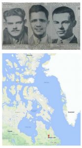 Top image shows headshots of three young men taken from a newspaper. Bottom shows a map of upper Canada including the location of Eureka in the far north.