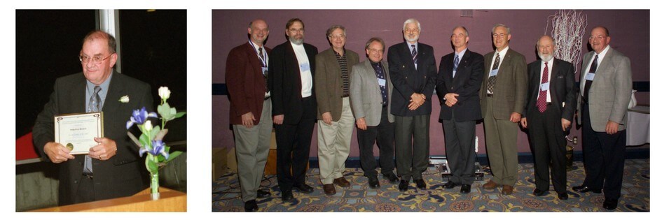 Two photos. On left is a middle aged caucasian man holding a framed certificate On the right is a group of nine men, all past presidents of CMOS, including Phil Merilees.