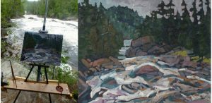 Two images, the first shows the painting Morning on the Grand Chute as a work in progress, canvas and easel set up as Phil Chadwick paints en plein air beside a river. The second image is the finished painting.