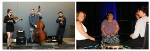 Scenes from the 2018 CMOS Congress in Halifax. The first photo shows a three piece string band. The second a group of four women in a circle with drums.