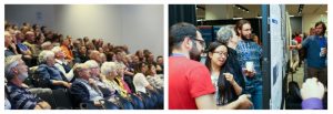 Two photos from the 2018 CMOS Congress in Halifax. The first shows the audience in a full lecture theatre. The second shows people gathered in conversation around scientific posters.