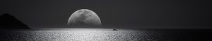 Banner image for The Lunar Atmosphere article by Paul Godin and all. Image shows a moon setting on the ocean, black and white image.
