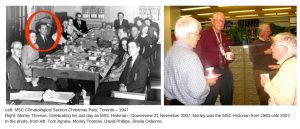 Two photos showing Morley at various CMOS events with other CMOS members.
