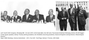 Two photos showing Morley Thomas at international meteorological events.