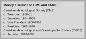 Text box outlining Morley Thomas's contribution to CMOS on the executive committee in various roles including treasurer, secretary, vice-president, president, and archivist.