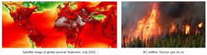Two photos from Top Ten Weather Stories of 2018 by David Phillips. First one shows a satellite image of the earth, as a map, with temperatures displaying bright red over most of the earth. Second one shows a forest on fire.