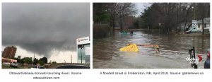 Two images for Top Ten Weather Stories of 2018. First one shows a dark sky, city streets, with a tornado in the distance. Second one shows a flooded tree lined city street.