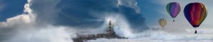 Photo of a lighthouse, wave crashing, and 3 hot air balloons, for David Phillips Top Ten Weather Stories of 2018