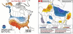 Two maps. On the left shows NOAA's seasonal forecast CFSv2 and on the right Environment and Climate Change Canada's CanSIPS