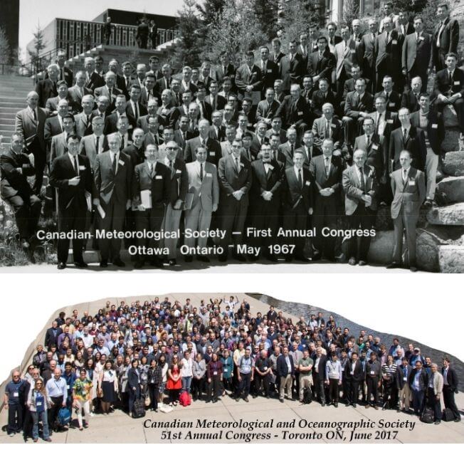 Group photos of CMOS members, men, and women in the bottom photo from 2017.
