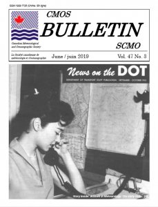 Cover of CMOS Bulletin Vol.47 No.3 shows black and white photograph of a woman sitting in front of some weather charts, on the telephone, for the feature by Rebecca Milo
