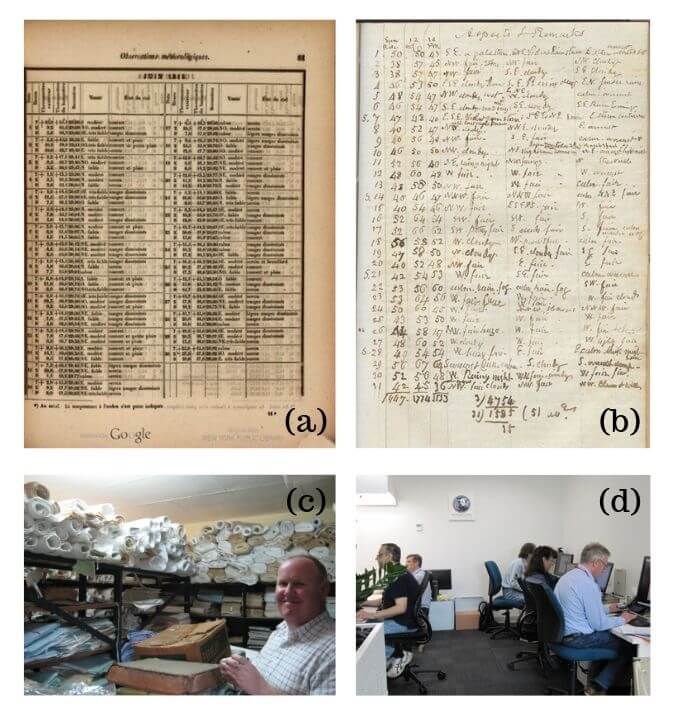 Figure showing pages of archived weather data for DRAW project, and photographs of scientists surrounded by rolls of data and computers.