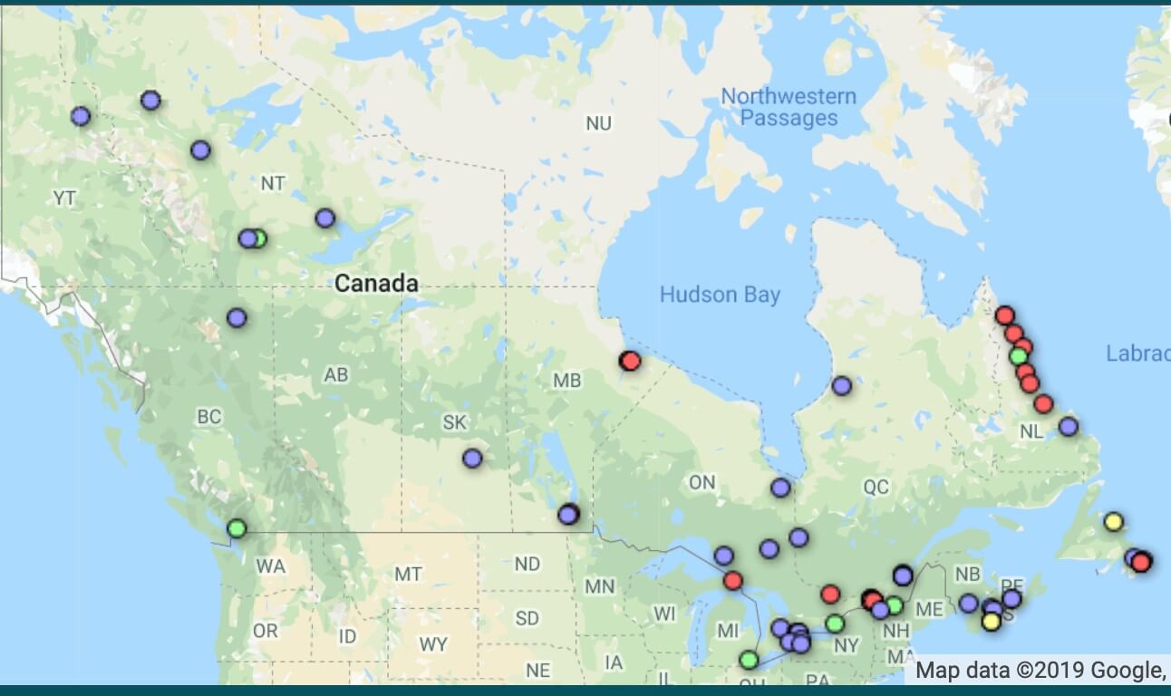 Map of Canada showing approximately 50 points, locations of weather data, mostly in southern ontario and labrador seaboard