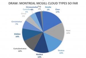 Pie chart with smallest value of 1% for fog and smoke, and largest value of 17% for haze. various cloud types in between