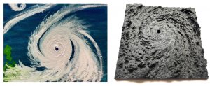 Two photos showing Haowen's painting of a typoon, and 3-D printing of a Hurricane Katrina.