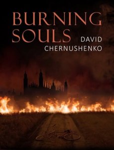 Cover of the book Burning Souls shows the roof of a building, perhaps a charge, against a dark sky, with flames in the foreground