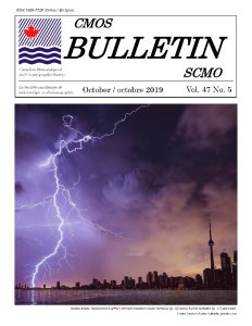 Cover of CMOS Bulletin Vol.47 No.5 shows a darkened Toronto skyline with lightening streaking across the sky