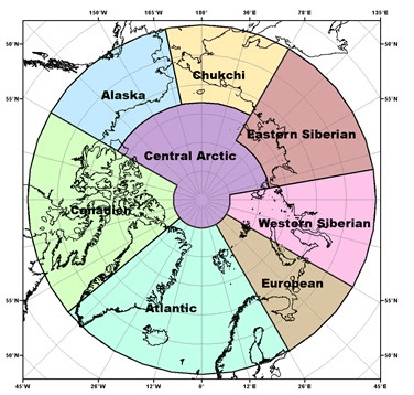 Map of the Arctic showing various colours for the seven different regions.