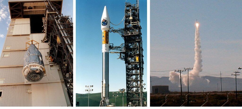 Three photos showing the NASA rocket and launch of MOPITT