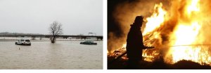 Canada's Top Ten weather stories for 2019 shows a flooded park and a firefighter at the face of a wildfire
