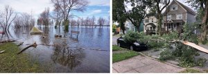 Canada's Top Ten weather stories for 2019 showing two photos of a flooded park and the aftermath of a hurricane outside a house.