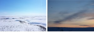 Two aerial photographs of the Arctic tundra, one by day, the other by night