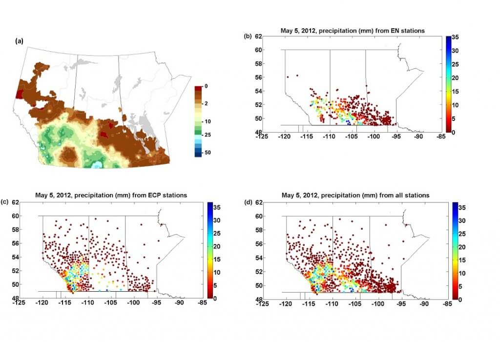 Maps of the prairies showing weather data points mostly clustered around southern areas