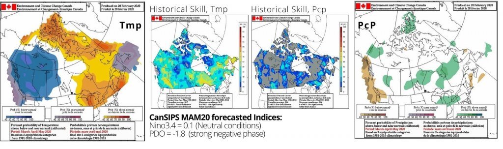 Maps showing seasonal outlook for temperature and precipitation for canada for spring 2020