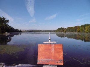 Red painted canvas on an eisel by a lake