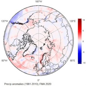 Map of circumpolar Arctic regions with mostly white, and some red and blue