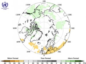 map centering the circumpolar Arctic regions with a colour scale from brown-yellow to green