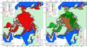 Two maps showing the circumpolar Arctic regions. On the left the terrestrial areas are mostly red and blue. On the right, they are greens, blue, and grown with purple.