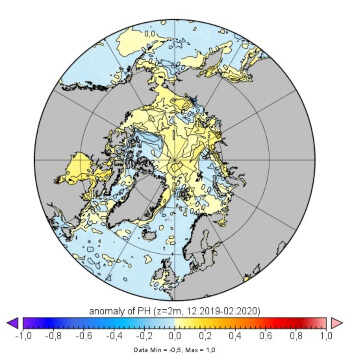 map of circumpolar Arctic regions with yellow and blue shown in ocean regions